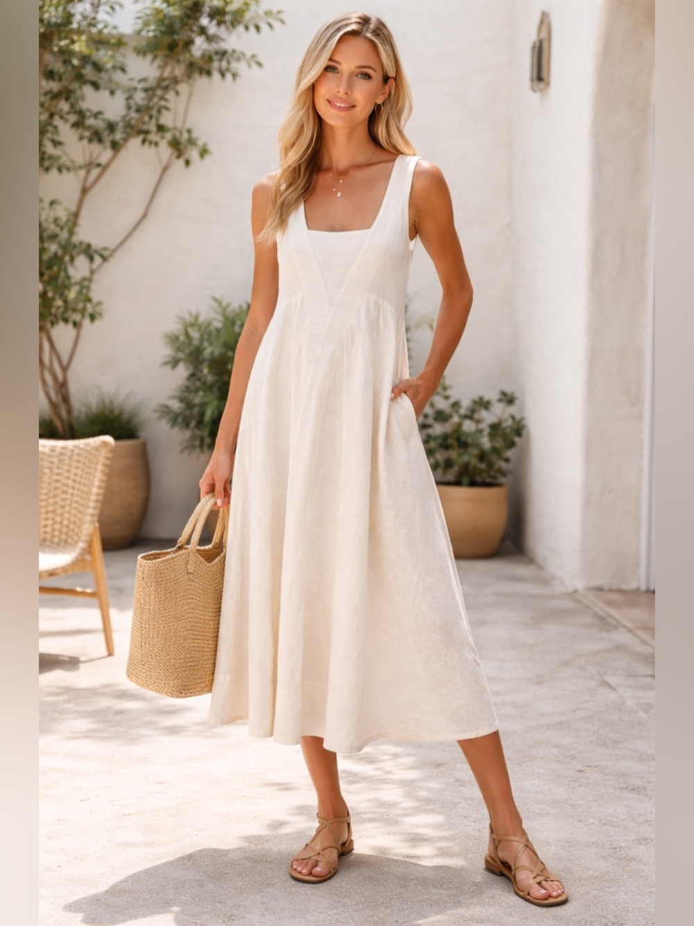 Chelsea & Theodore Ivory Linen Midi Dress Size M NWT Sleeveless A-Line Pockets